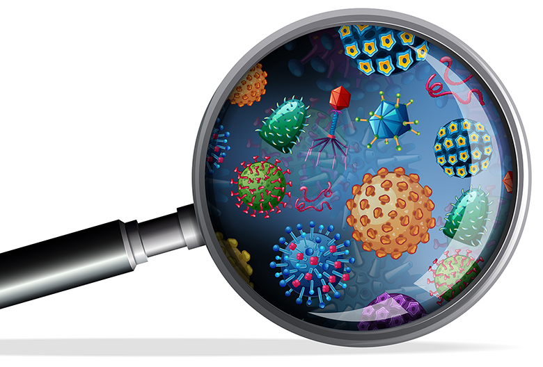 Magnifying glass with different types of virus on lens